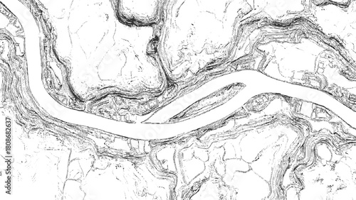 Black and white contour map of a winding river valley with topographical lines and scattered structures