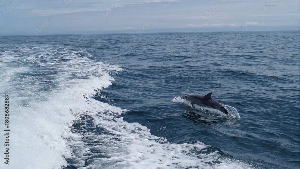 Fototapeta premium Dolphin breaching the surface of the ocean near a boat marine life concept