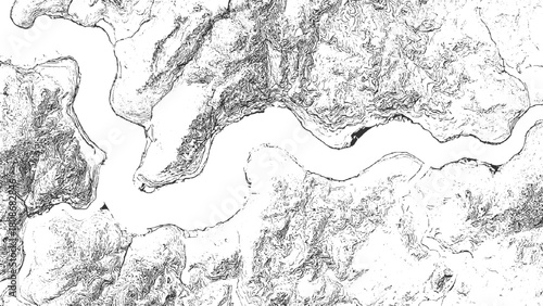 Black and white topographic map contour lines of a winding river and hilly terrain vector