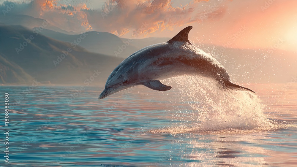 Fototapeta premium Dolphin leaping from water at sunset capturing ocean and mountain landscape