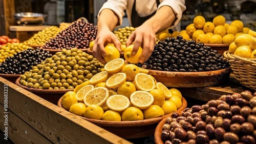 Bustling market stall with vibrant assortment of fresh olives and citrus fruits