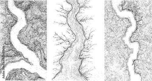 Three black and white ink drawings of winding rivers flowing through textured landscapes water nature