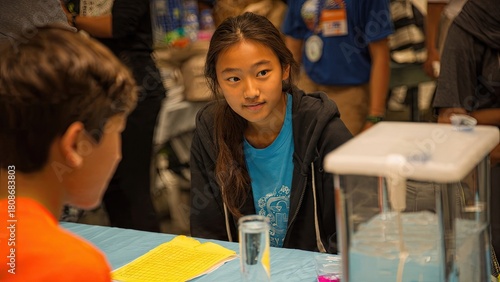 Young people interacting indoors at a gathering with focus on one girl generative ai