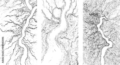 Three abstract black and white ink drawings of dendritic river systems and terrain vector