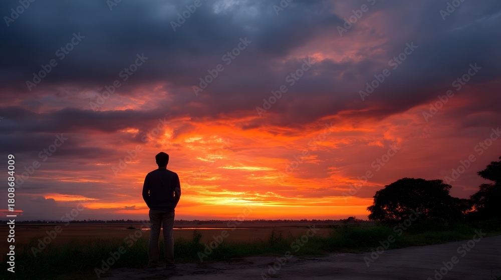Naklejka premium Solitary traveler silhouetted against a dramatic fiery sunset with burning horizon and stormy clouds