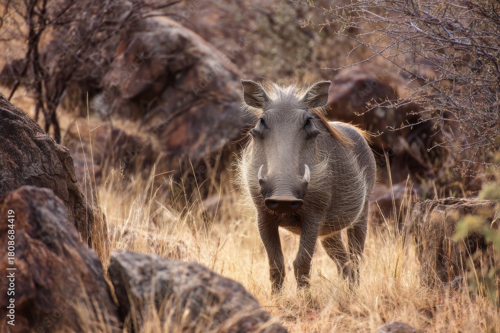 Fototapeta premium Warthog exploring rocky terrain in a protected wilderness area during the golden hour