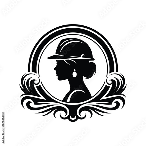 Silhouette of a woman wearing a hard hat in a decorative frame