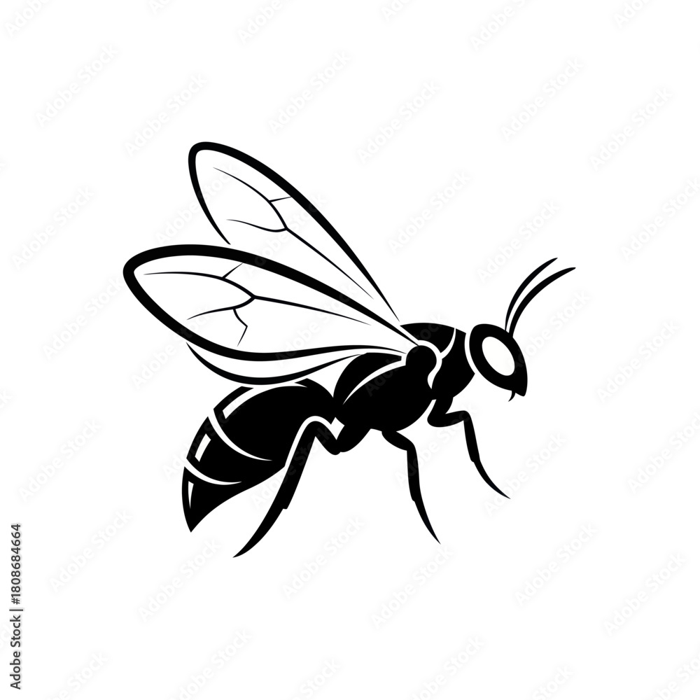 Fototapeta premium Stylized Black Wasp Insect Illustration Flying Side View.