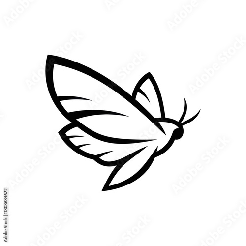 Minimalist black line art of a flying moth icon.