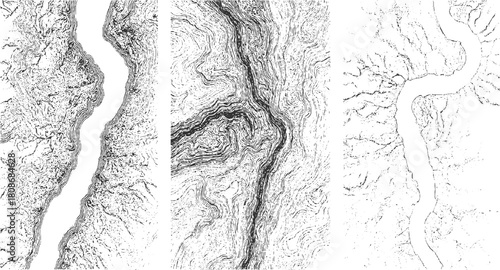 Abstract topographic contour lines forming river valley and mountain terrain patterns topography