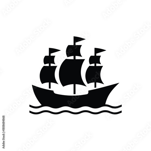 Black silhouette of a three masted sailing ship on wavy water