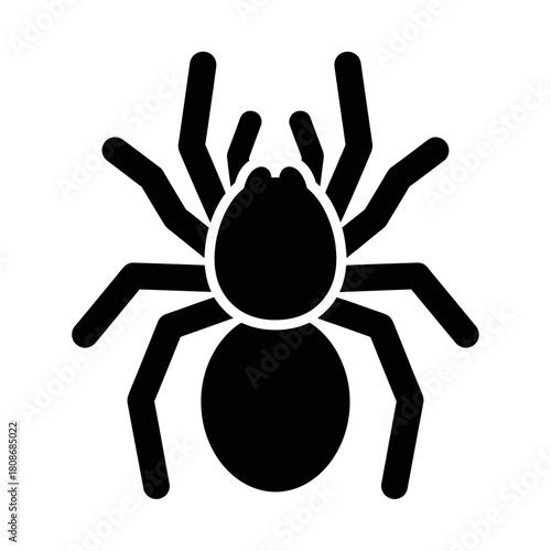 Simple black spider silhouette icon viewed from above.