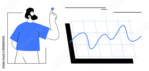 Man highlighting upward graph data on chart grid. Ideal for analytics, data trends, research, business growth, financial reports, education, presentations. Simple flat metaphor