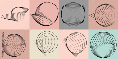 Abstract visual harmony of circles and curved lines , perfect for digital branding. Linear circular art with balanced curves ideal for posters, packaging and web design. Vector rotational shapes set.