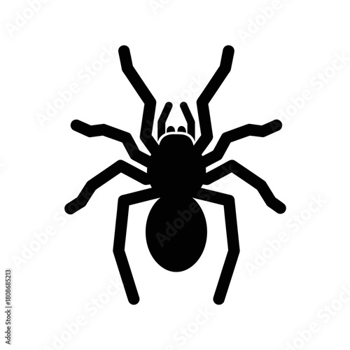 Minimalist black spider icon top view isolated on white.