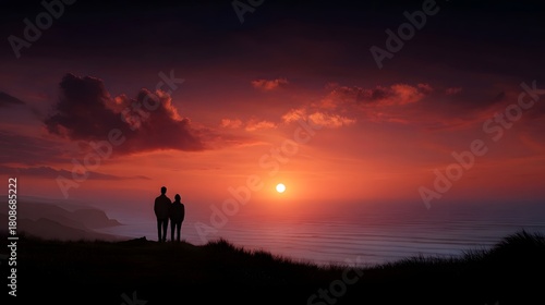 A couple silhouetted on a hill admiring a vibrant fiery sunset over the ocean