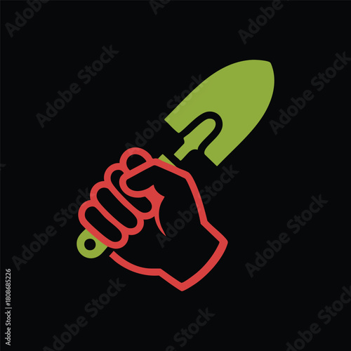 Hand Holding a Trowel, Gardener's Grip, Green Trowel, Red Outline, Digging In, illustration, vector