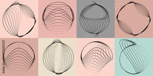 Abstract visual harmony of circles and curved lines , perfect for digital branding. Linear circular art with balanced curves ideal for posters, packaging and web design. Vector rotational shapes set.