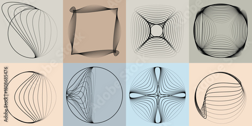 Abstract visual harmony of circles and curved lines , perfect for digital branding. Linear circular art with balanced curves ideal for posters, packaging and web design. Vector rotational shapes set.