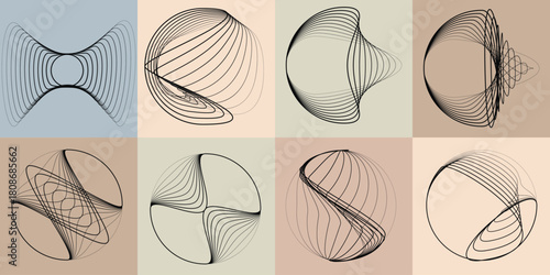 Abstract visual harmony of circles and curved lines , perfect for digital branding. Linear circular art with balanced curves ideal for posters, packaging and web design. Vector rotational shapes set.