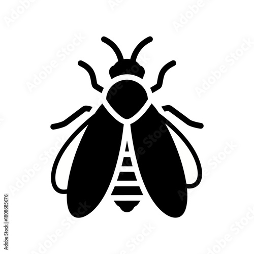 Black and white illustration of a bee insect with wings and stripes.