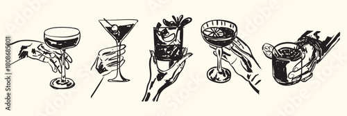 Hand Holding Cocktail Drinks Set Illustration