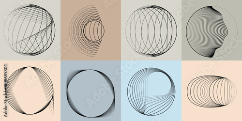Abstract visual harmony of circles and curved lines , perfect for digital branding. Linear circular art with balanced curves ideal for posters, packaging and web design. Vector rotational shapes set.