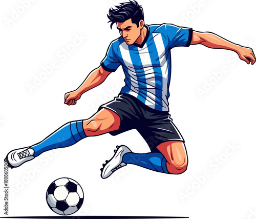 Dynamic Football Player  Mid-Air Kick and Goal-Scoring Action in Athletic Sporting Event