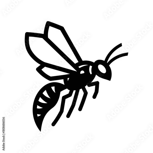 Stylized Black and White Wasp Illustration Flying with Detailed Wings and Body.