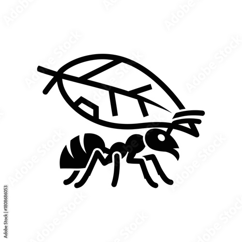 Simple black and white icon of an ant carrying a leaf.