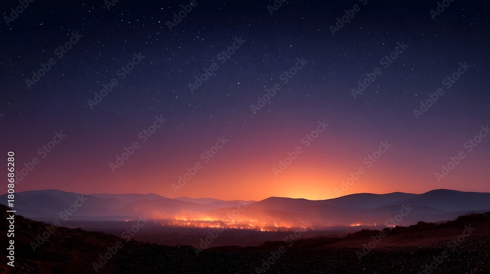 Fototapeta premium Starry night sky above mountains with a fiery glowing horizon