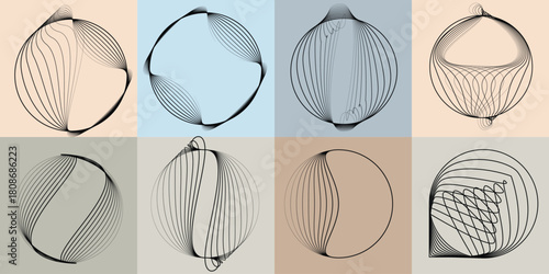 Abstract visual harmony of circles and curved lines , perfect for digital branding. Linear circular art with balanced curves ideal for posters, packaging and web design. Vector rotational shapes set.