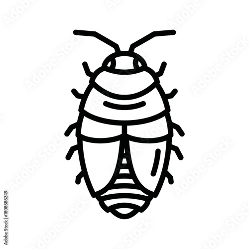 Minimalist cockroach insect outline drawing on a white background.