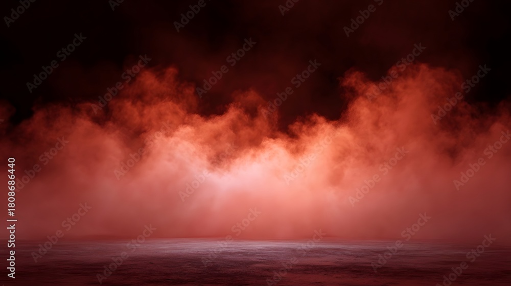 Fototapeta premium An atmospheric scene of swirling red smoke and fog illuminated from below against a dark background evoking intense moods
