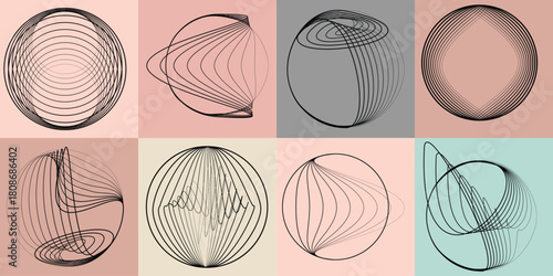Abstract visual harmony of circles and curved lines , perfect for digital branding. Linear circular art with balanced curves ideal for posters, packaging and web design. Vector rotational shapes set.