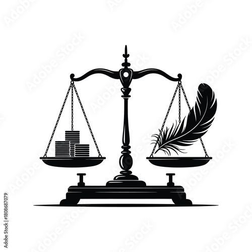Scales of justice balancing books and a feather