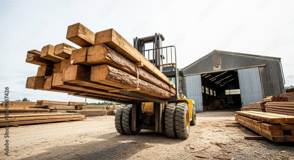 Fototapeta premium Forklift carrying a stack of lumber in front of a warehouse on a sunny day