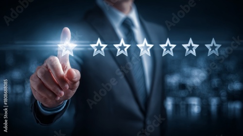 Close-up of a businessman's hand touching a glowing star in a 5-star rating system, conceptualizing excellent service or product satisfaction. Customer feedback, rating, stars