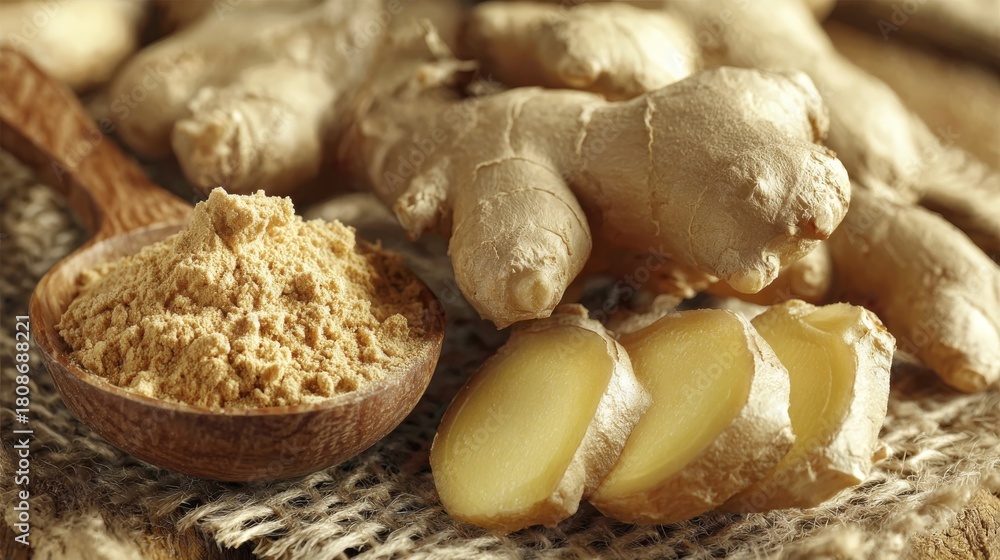 Fototapeta premium Fresh Ginger Root, Sliced and Powdered in Wooden Spoon on Burlap. Natural Spice, Culinary Ingredient. Ginger, Spice
