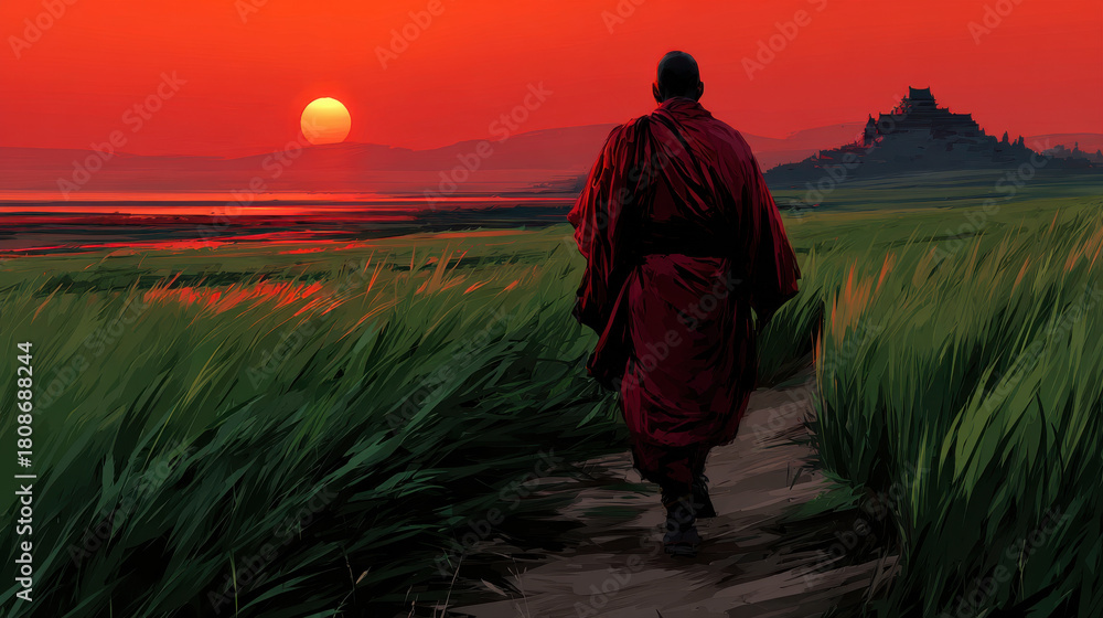 Fototapeta premium Serene monk walks off beaten path towards temple, embraced by vibrant hues of sunset reflecting on tranquil waters