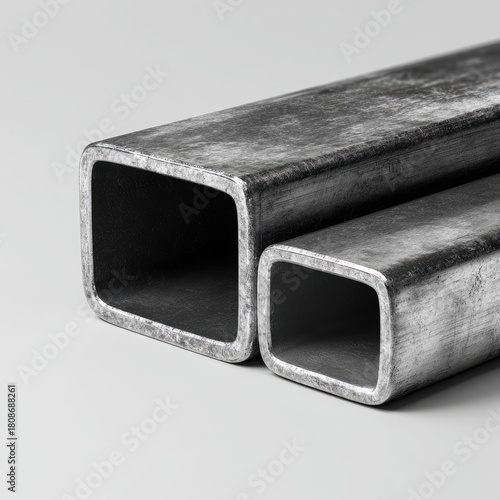 Two square steel tubes, different sizes, lie atop a neutral background.  One is slightly larger than the other.  Both show a slightly distressed, matte finish