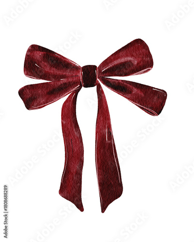 Watercolor red bow isolated on white backdrop. For decor, design, sticker. 
