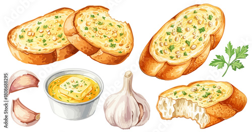 ガーリックトーストと食材のセット（ニンニク・バター・パセリ）,ガーリックブレッド,軽食,洋食,水彩,リアル