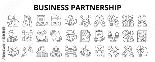 30 Business Partnership Line Icons Vector - Joint Operation, Business Deal, Profit Sharing, Trust, Team Collaboration, Partner Agreement, MOU Signing