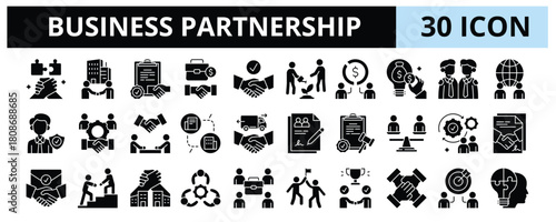 30 Business Partnership Glyph Icons Vector - Joint Operation, Business Deal, Profit Sharing, Trust, Team Collaboration, Partner Agreement, MOU Signing