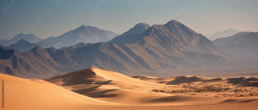 Naklejka premium AI-generated image - A wide desert landscape with soft golden sand dunes and rugged mountains in the distance, captured in warm natural light for a serene and dramatic atmosphere.