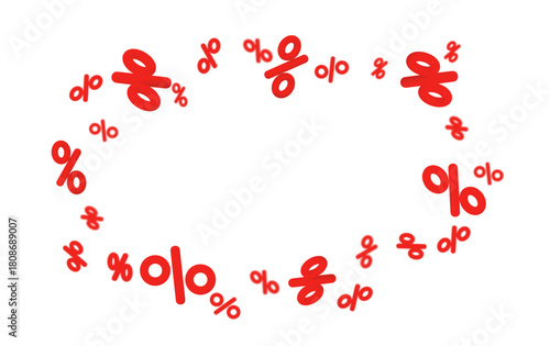 3d flying red percent signs discount with blur effect and different angles. Voucher gift. Stock vector illustration on isolated background.
