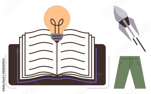 Book with glowing bulb idea, rocket for innovation, bold green pants symbolizing creativity. Ideal for education, knowledge, ideas, innovation, creativity progress storytelling. Simple flat