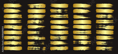 Golden brush strokes, lines, ink smudges, hand-drawn scribble shapes. Handmade sketchy marks, acrylic stains, charcoal streaks. Paint textures, dry brush effect. Marker underline. Vector illustration