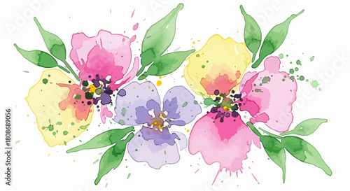 Vibrant floral watercolor design with artistic splatters and splashes, perfect for delicate spring aesthetics and beautiful decorative projects